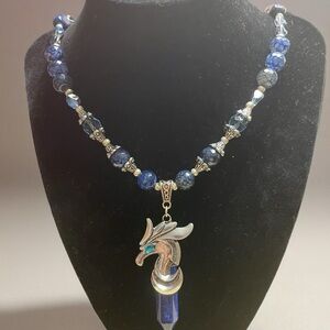 Handmade Lapis Lazuli Barrel Gemstones Blue Beaded Necklace with Silver Accents